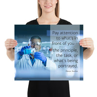 Safety poster showing an older man wearing a white lab coat, gloves, and safety glasses, working in a laboratory with a safety quote to his left.