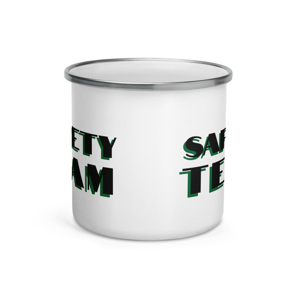 White metal mug with a silver rim with "Safety Team" in bold text across the side.