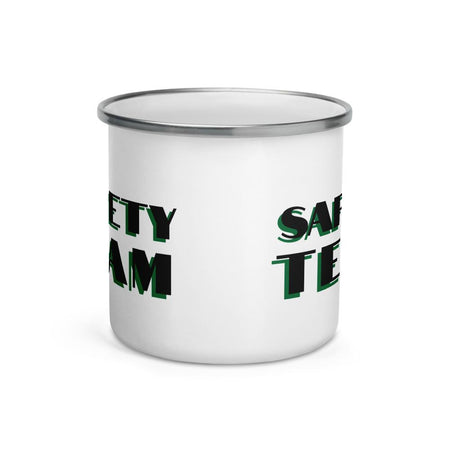 White metal mug with a silver rim with "Safety Team" in bold text across the side.