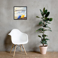 A workplace safety poster showing a white, a yellow, and a blue hardhat sitting on a wall with the slogan safety first, safety always.