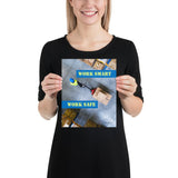 A safety poster showing a bird's-eye view of a worker in a warehouse pulling boxes on a pallet jack with the slogan work smart, work safe.