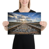 A workplace safety poster depicting old railroad tracks leading into a cloudy horizon with the text safety is a continuing journey, not a final destination.
