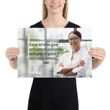 Safety poster showing a woman in a white lab coat and glasses smiling with arms crossed in a laboratory and a safety quote written to the left.