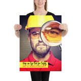 A workplace safety poster showing a portrait of a man wearing a hardhat and safety glasses with a magnifying glass magnifying one eye with the slogan, keep an eye out for safety, don't get blinded by bad habits.