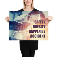 Safety poster showing a close up of 3 hands wearing gloves holding glass beakers and a safety slogan written in bottom right corner.