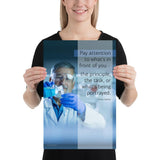 Safety poster showing an older man wearing a white lab coat, gloves, and safety glasses, working in a laboratory with a safety quote to his left.