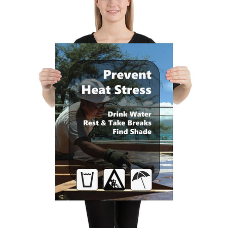 A heat stress safety poster depicting a construction worker working outside in the heat with text and infographics in the foreground depicting water, rest, and shade.