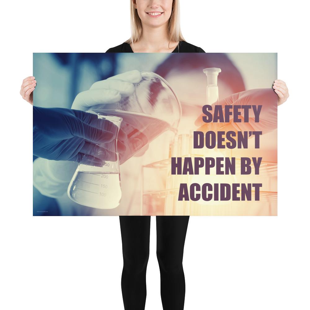Safety poster showing a close up of 3 hands wearing gloves holding glass beakers and a safety slogan written in bottom right corner.