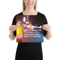 A workplace safety poster depicting a bright orange construction traffic light in the foreground of a blurry nighttime cityscape with a safety quote by William Blake.