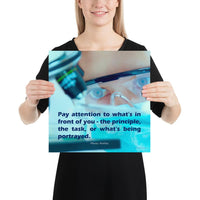 Workplace safety poster of a close up of a woman's eyes wearing safety glasses inspecting a sample on a microscope with safety quote written at the bottom.