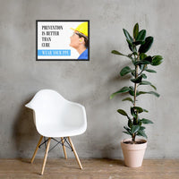 A safety poster showing a close-up of a worker wearing safety glasses, a hard hat, and earplugs with the slogan prevention is better than cure, wear your PPE.