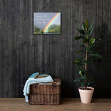 A workplace safety poster showing bright forest scene with a lake and vibrant green trees and a colorful rainbow coming out of the forest with the slogan tomorrow is the reward for working safely today.