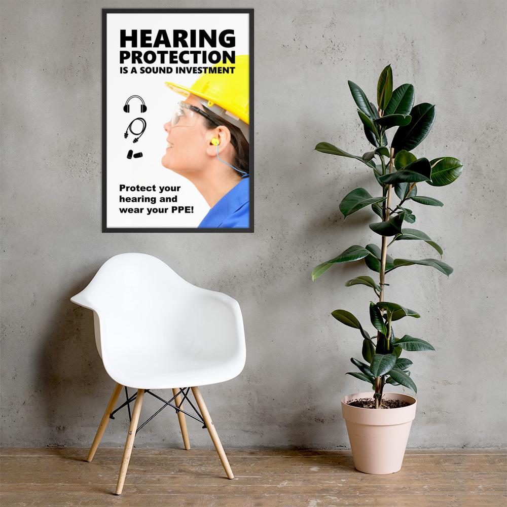 An ear safety poster showing a close up of a woman's profile wearing a yellow hard hat, ear plugs and safety glasses with a safety slogan and infographics of hearing PPE all around her.