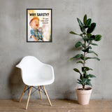 A workplace safety poster showing a young child laughing and smiling with whimsical camera flares around and the slogan why safety? to enjoy more sweet moments.