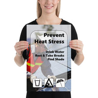 A heat stress safety poster with a construction worker working outside in the heat with text and infographics in the foreground depicting water, rest, and shade.