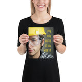 An eye safety poster showing a close up of half of a man's face wearing a yellow hard hat and safety goggles with a an eye safety slogan to the right.
