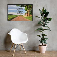 A workplace safety poster showing a beautiful sunny day in the countryside with a red barn on the right of a dirt road and text above the road saying my job provides the paycheck but safety takes me home.