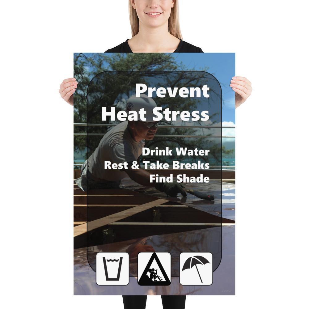 A heat stress safety poster depicting a construction worker working outside in the heat with text and infographics in the foreground depicting water, rest, and shade.