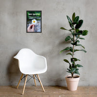 A workplace safety poster showing a close up of a hand holding a bright white daisy in the forest with the slogan why safety? to enjoy more time in your happy place.