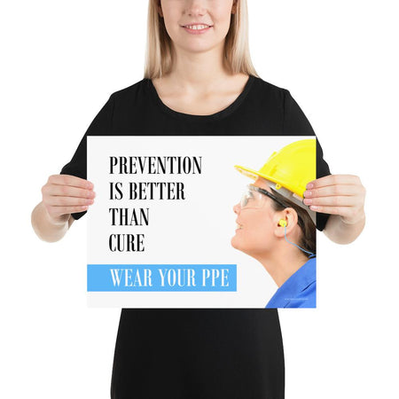 A safety poster showing a close-up of a worker wearing safety glasses, a hard hat, and earplugs with the slogan prevention is better than cure, wear your PPE.