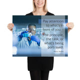 Safety poster showing an older man wearing a white lab coat, gloves, and safety glasses, working in a laboratory with a safety quote to his left.