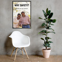 A workplace safety poster showing an old couple laughing and holding hands with the slogan why safety? for the ones you cherish.