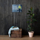 A safety poster showing a worker in a reflective jacket and hard hat walking through a warehouse with the quote keep thy shop and thy shop will keep you by Benjamin Franklin.