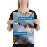 A safety poster showing a bird's-eye view of a worker in a warehouse pulling boxes on a pallet jack with the slogan work smart, work safe.