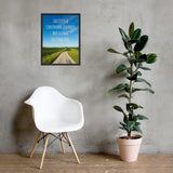 A workplace safety poster depicting a beautiful sunny day with a bright blue sky and a lush green field being cut down the middle by a dirt road leading off into the countryside with the text safety is a continuing journey, not a final destination.