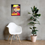 A workplace safety poster showing a portrait of a man wearing a hardhat and safety glasses with a magnifying glass magnifying one eye with the slogan, keep an eye out for safety, don't get blinded by bad habits.