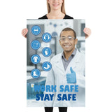 A workplace safety poster showing a scientist in a white lab coat, safety glasses, and blue latex gloves smiling and flashing a thumbs up with different blue infographic bubbles of PPE and the slogan work safe, stay safe.