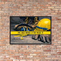 A safety poster showing a close-up of various PPE including safety glasses, ear muffs, gloves, a hard hat, and work boots with the slogan PPE only works if you wear it.
