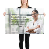 Safety poster showing a woman in a white lab coat and glasses smiling with arms crossed in a laboratory and a safety quote written to the left.