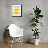A workplace safety poster showing a yellow hard hat on a plain white background with the slogan were you safe today, or just lucky?