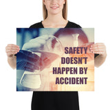 Safety poster showing a close up of 3 hands wearing gloves holding glass beakers and a safety slogan written in bottom right corner.