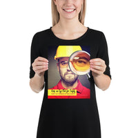 A workplace safety poster showing a portrait of a man wearing a hardhat and safety glasses with a magnifying glass magnifying one eye with the slogan, keep an eye out for safety, don't get blinded by bad habits.