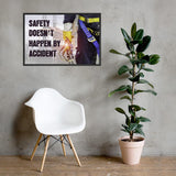 Safety poster that shows a construction worker wearing fall protection equipment with bridge in the background and a safety slogan in bold letters.