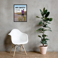 A workplace safety poster showing a man carrying his young child along the beach on a beautiful sunny day with the slogan why safety? because they are counting on us.