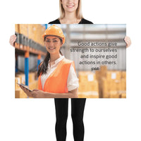 Safety poster showing a female warehouse worker smiling and wearing an orange reflective safety vest and orange hard hat with a safety quote written in dark text.
