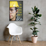 An eye safety poster showing a close up of half of a man's face wearing a yellow hard hat and safety goggles with a an eye safety slogan to the right.