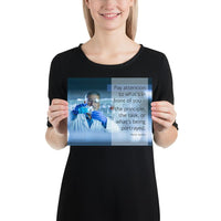 Safety poster showing an older man wearing a white lab coat, gloves, and safety glasses, working in a laboratory with a safety quote to his left.