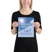 A heat stress safety poster depicting a bright blue sky in the background with text that appears to be reflecting in the hot sun and an infographic portraying water, shade, and rest.