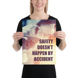 Safety poster showing a close up of 3 hands wearing gloves holding glass beakers and a safety slogan written in bottom right corner.