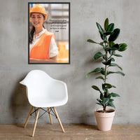 Safety poster showing a female warehouse worker smiling and wearing an orange reflective safety vest and orange hard hat with a safety quote written in dark text.