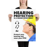 An ear safety poster showing a close up of a woman's profile wearing a yellow hard hat, ear plugs and safety glasses with a safety slogan and infographics of hearing PPE all around her.