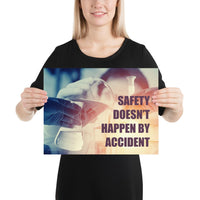 Safety poster showing a close up of 3 hands wearing gloves holding glass beakers and a safety slogan written in bottom right corner.