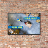 A safety poster showing a bird's-eye view of a worker in a warehouse pulling boxes on a pallet jack with the slogan work smart, work safe.