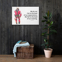 A safety poster showing a worker performing a controlled descent while wearing a fall protection harness on a bright white background with a quote from Archilochus to the right.