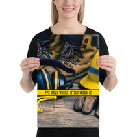 A safety poster showing a close-up of various PPE including safety glasses, ear muffs, gloves, a hard hat, and work boots with the slogan PPE only works if you wear it.
