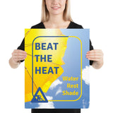 A heat stress safety poster depicting a bright yellow umbrella with a bright blue sky in the background with safety slogan text and an infographic portraying someone resting.